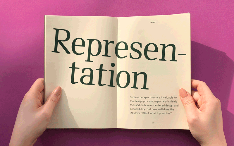 pages from the book, including a spread that says Representation in large type, and a spread with pink and purple post-its