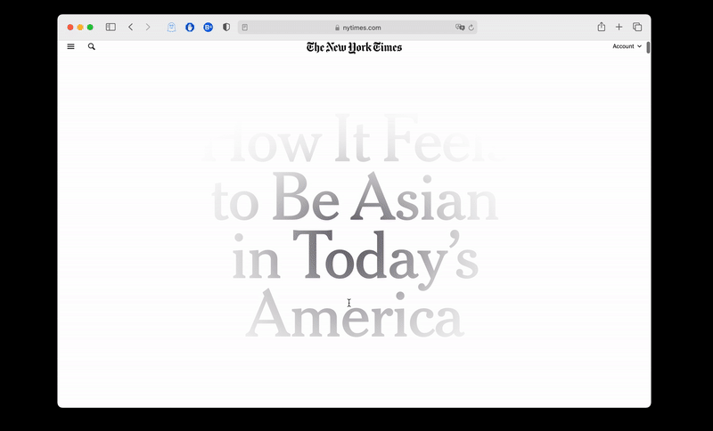Headline that says: How it Feels to Be Asian in Today's America, which fades out into a gradient, scroll to text responses submitted by readers, including a quote with audio that says: I signed my daughter up for a charter school...