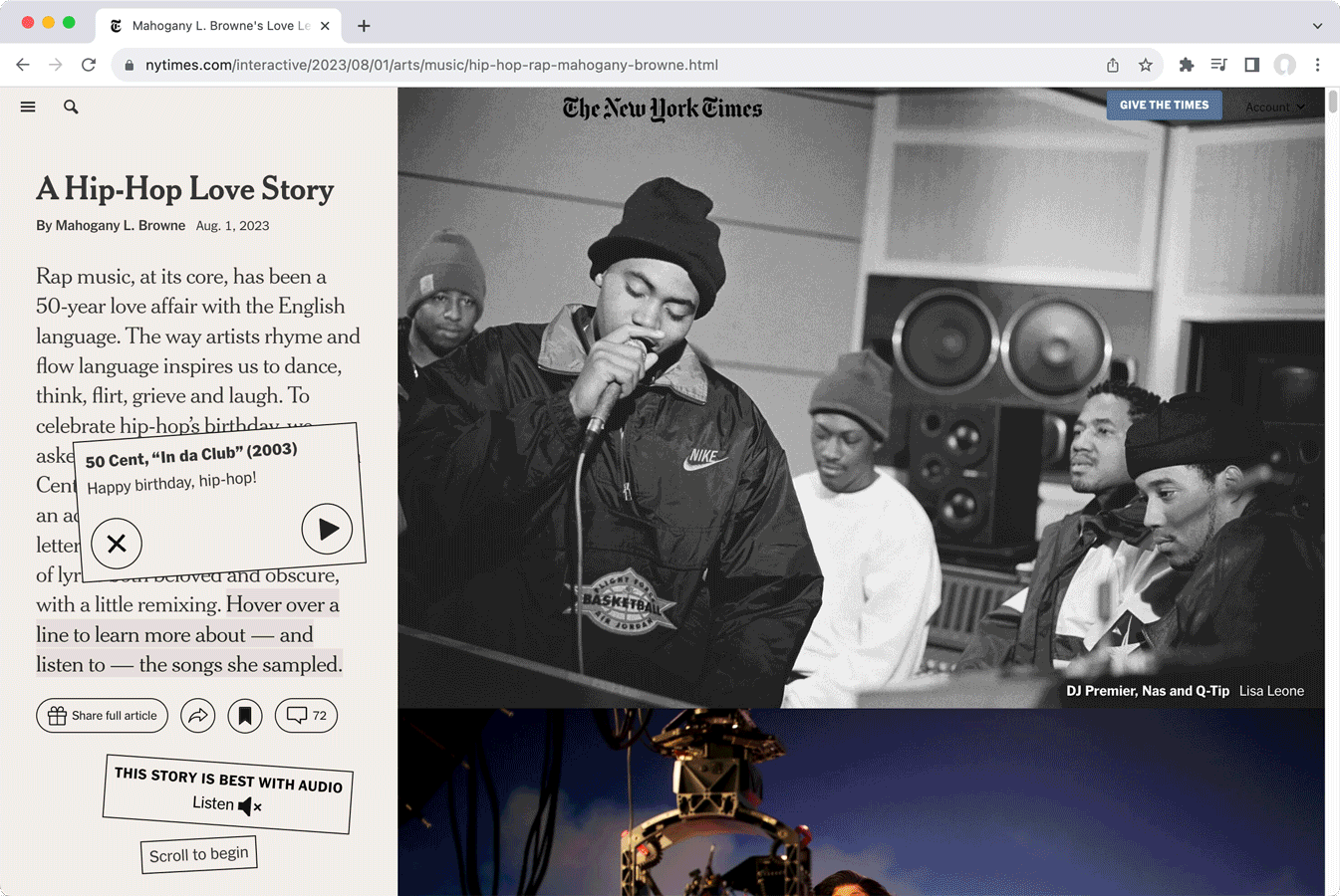 screenshots of the project, with iconic hip-hop images on one column, and the text, comprised of lyrics, in a second column