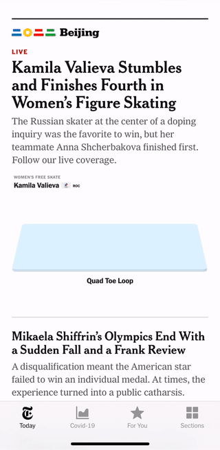 nyt mobile homepage that shows animated visualization of the jump combinations worth the most points in each of four women's routines for the women's singles long program final: Kamila Valieva, Anna Shcherbakova, Alexandra Trusova, and Kaori Sakamoto