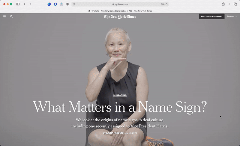 Six people show their name signs, with white line animations visualizing the gestures. Text says: What Matters in a Name Sign? We look at the origin of name signs in deaf culture, including one recently assigned to Vice President Harris.